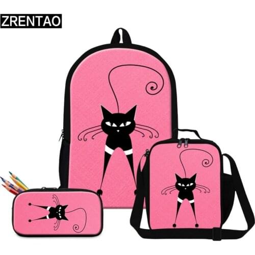 ZRENTAO cartoon cat print school bags 3 PCS\set girls backpack with lunch cooler+pencil case polyester double shoulder bags