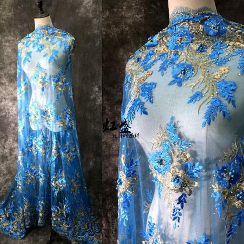 Blue Embroidery Tulle Mesh 3D Floral Evening Dress Lace Fabric