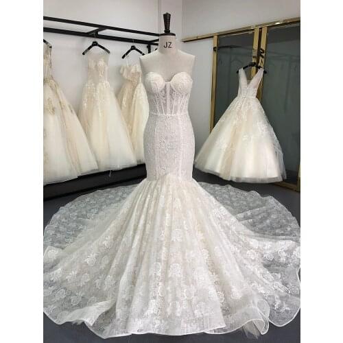SL-7008 New Arrival Crystal Bling Bling Lace Mermaid Wedding Dresses 2020 Full Beading