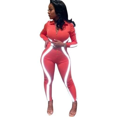 Reflective Striped Night Version Bodycon Jumpsuit Women Front Zip Long Sleeve Romper Sexy Night Club Overalls One Piece Outfits