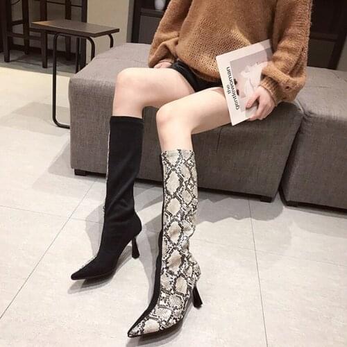 New Women mid calf boots Snake skin texture Two-color stitching high heel 7cm sexy zip fashion shoes Handmade female boots shoes