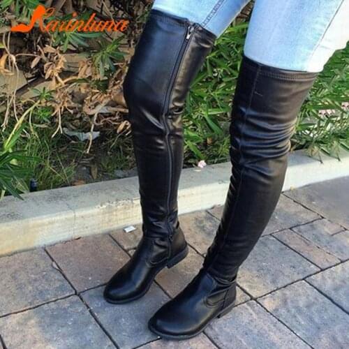 KARINLUNA Plus Size 34-46 Brand New Ladies Square Low Heel Boots Fashion Zip Over The Knee Boots Women Casual Shoes Women