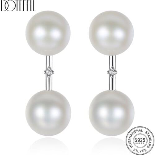 DOTEFFIL Drop Earrings Genuine Natural Freshwater 2 Pearls 925 Sterling Silver Earrings Pearl Jewelry Women Wedding/Party Gift