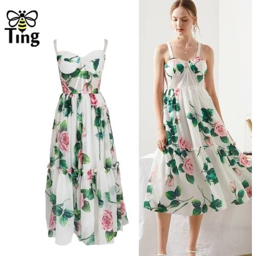 Tingfly Women Vogue New Rose Flower Floral Print Ruched Party Night Dresses Summer Adjustable Strap A Line Dress Elbise Tide Za