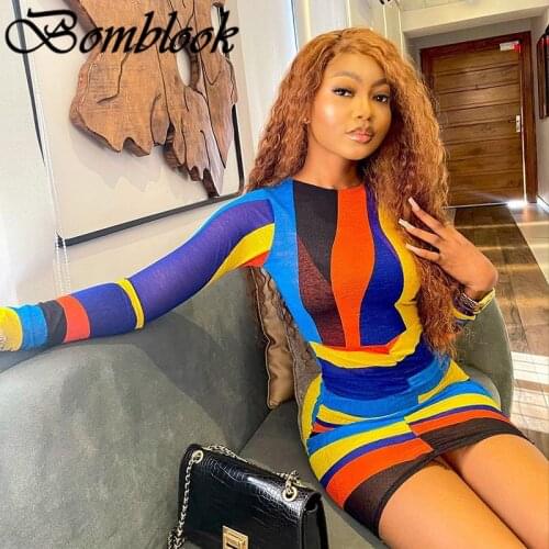 Bomblook Beach Leisure Vacation Bodycon Dresses For Women 2021 Summer Panelled O-neck Long Sleeve Mixi Dress Female Streetwears