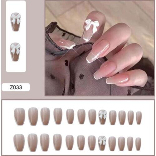 24Pcs/Set Pink Fake Nails Long Coffin Removable Nail Sliders Simple 3D Bow Design Accessories Nails Supplies For Professionals