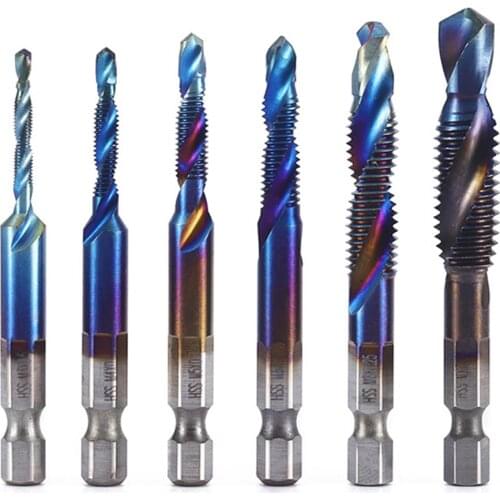 6 Pcs Hex Shank Titanium Plated HSS Screw Thread Metric Tap Drill Bits Screw Machine Compound tap M3 M4 M5 M6 M8 M10 Hand Tools
