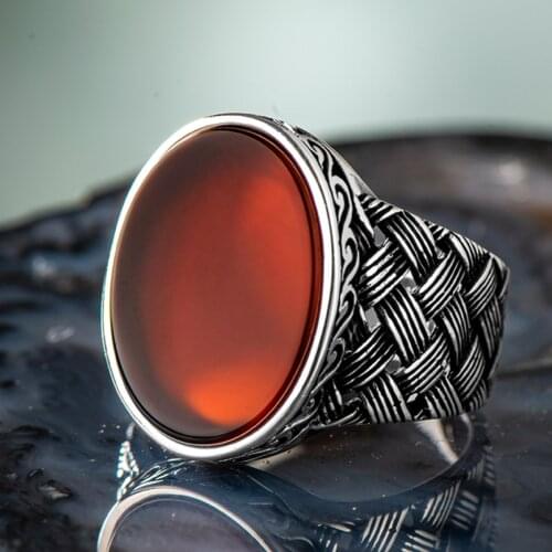 925 Sterling Silver Oval Dark Burgundy Agate Stone Mens Ring Exclusive Accessory for Men Special Ring Made in Turkey