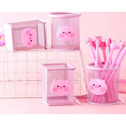 Kawaii Pink Pig Iron Pen Holder Office Organizer Cosmetics Makeup Brushes Tool Cup Holder Case Pencil Container Office Supplies