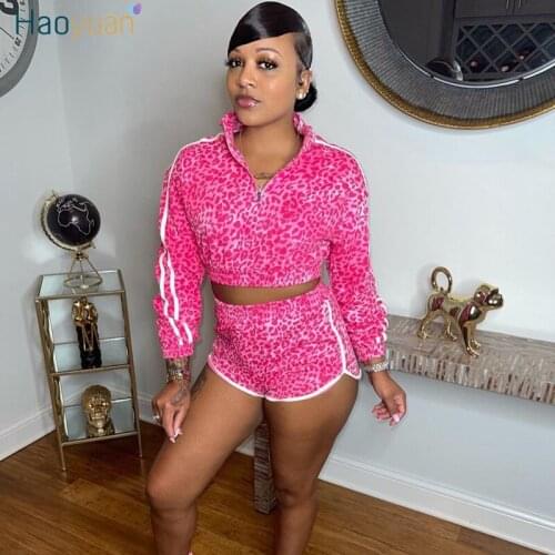 HAOYUAN Leopard Two Piece Shorts Set Tracksuit Women Fall Clothes Crop Top Biker Shorts Sweat Suits Lounge Outfit Matching Sets