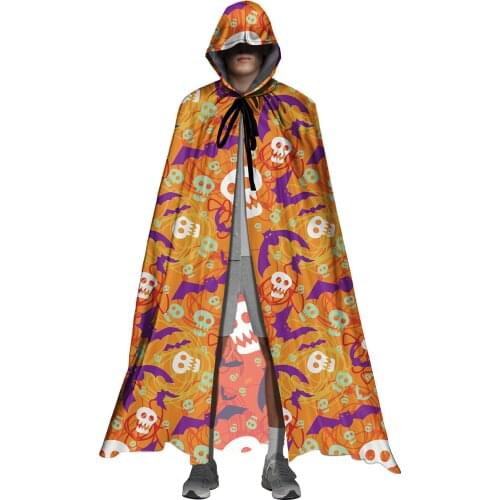 Orange Skull Bat Ghost Print Hooded Black Halloween Cape Wizard Vampire Witch Robe Adult Scary Play Cosplay Long Death Costumes