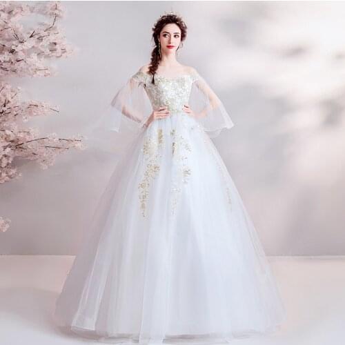 Light Wedding Dresses Off The Shoulder Puff Sleeves Full Length Princess Ball Gowns Gold Appliques Lace Up Back Bridal Gowns