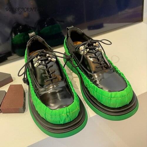 Summer round-toe thick-soled deep-mouth leather shoes women retro mixed color lace-up loafers sports shoes women