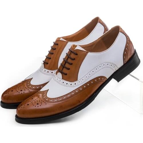 Large size EUR45 black white / brown white mens wedding shoes genuine leather dress shoes formal oxfords shoes
