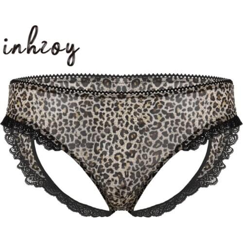 Men Sissy Panties Hot Sexy Lingerie Leopard Printed Sheer Gay Underwear Porno Heart Shape Open Butt Lace Trim Briefs Underpants