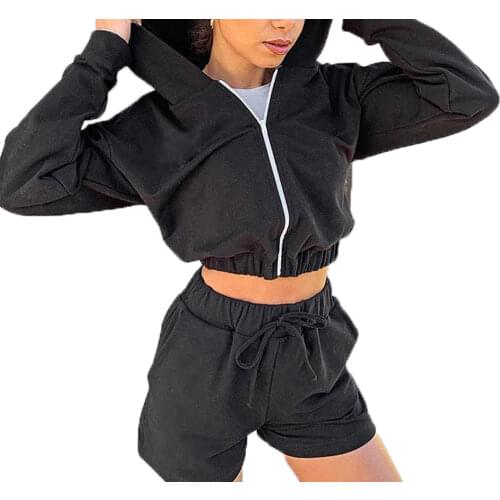 Autumn New Fashion 2Pcs Sports Clothing Suit Casual Womens Girls Zipper Sweater Hoodie Long Sleeve Hoodies+High Wait Shorts Sets