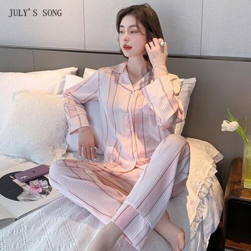 JULYS SONG Womens 2 Pieces Pajamas Set Elegant Long Sleeve Autumn Winter Striped Casual Homewear Patchwork Sleepwear Nightwear