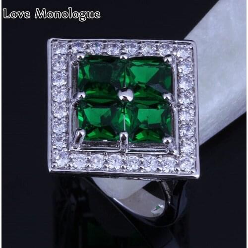 Love Monologue Luxury Square Green imitation Emerald & Cubic Zirconia Silver Color Overlay Ring Free Gift Bag H0087