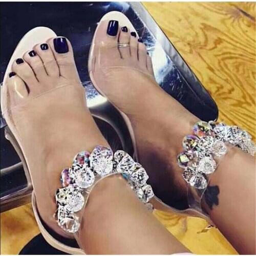 Spring Summer Bling Bling Women Rhinestone PVC Sandals Charming Beads Ankle Strap High Heel Sandals Dress Shoes