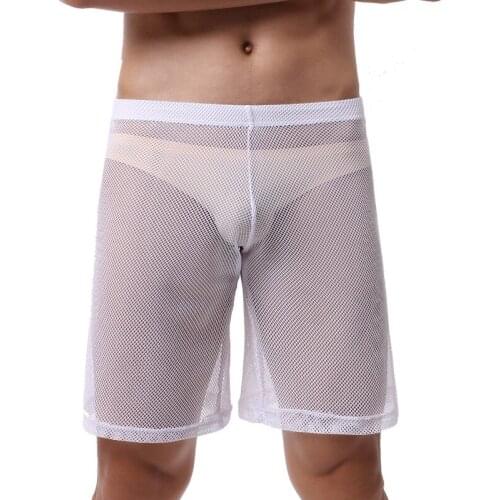 Mens Boxer Shorts Sexy Mesh Loose Sleepwear Gay Underwear Hollow See Through Long Boxer Man Home Shorts Homme Pajamas Underpants