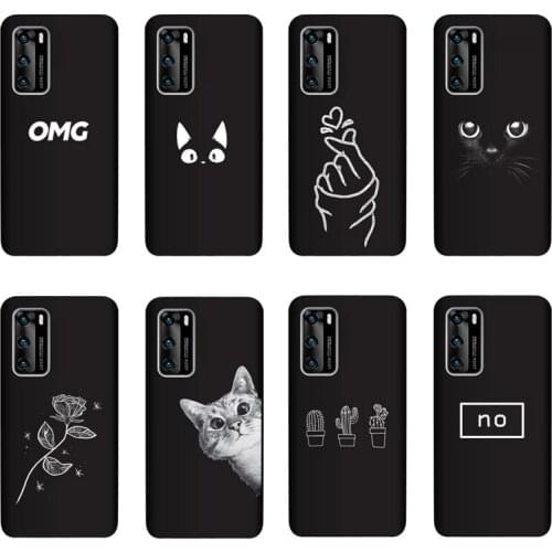 QAQsam Silicone Cover For Huawei P40 Case Painting Flower Cat Moon Matte Phone Cases Funda