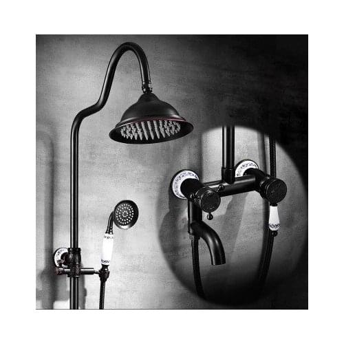 Shower Faucets Black Brass Wall Mounted Bathtub Faucet 8" Round Rain Shower Head Hand Bathroom Mixer Valve Rainfall Sets