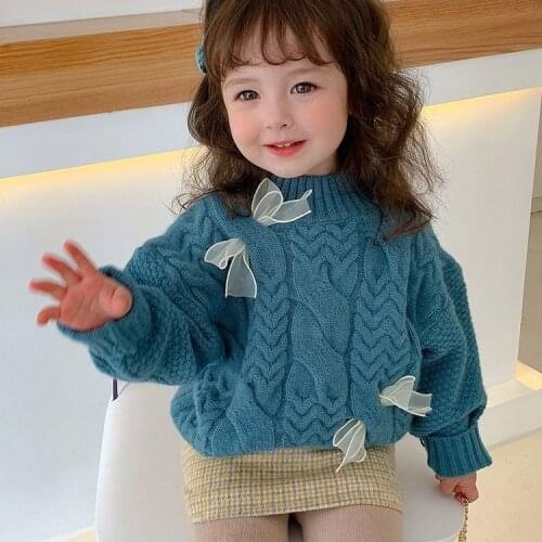 Girls' sweaters for autumn and winter, new bow knot high neck childrens pullover sweaters, female treasures, all-match