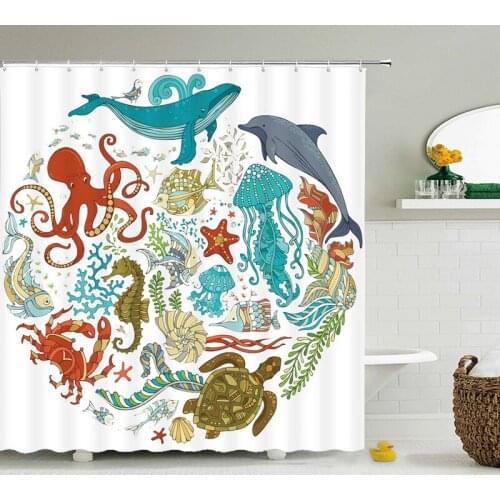 Waterproof Shower Curtains Bath Curtain Cartoon Fish Cat Bathroom Polyester Fabric Bathing Curtain Washable Bath Screen Hooks