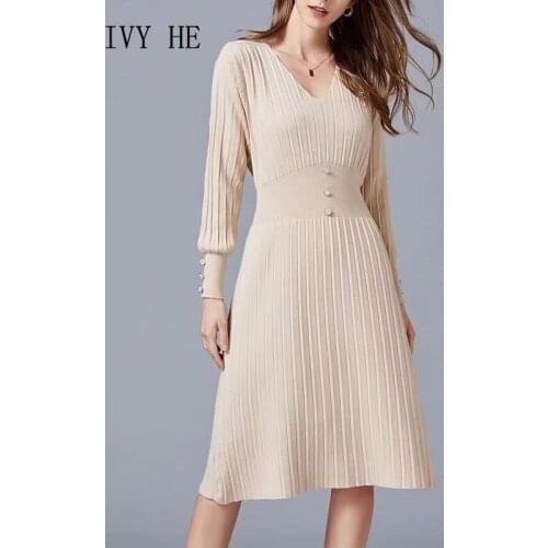 IVY HE High Quality Autumn Winter Dress Woman Clothing Slim Button Knit Vertical Stripe Office Lady Midi Long Dresses Traf ZAfu