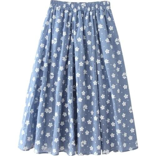 Makuluya Frail Fashion Chic Mori Women Cotton Linen Flower Female Dots Elastic Waist Pleated Skirt A-Line Girls Office Lady L6
