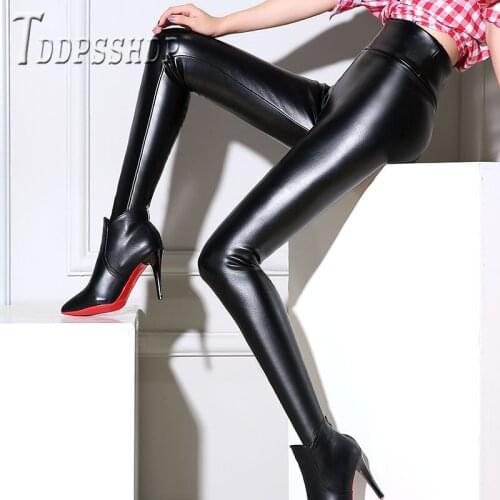 2019 Imitation Leather Matt Women Leggings High Waist Stretchy Lining With Fluff Female Legging