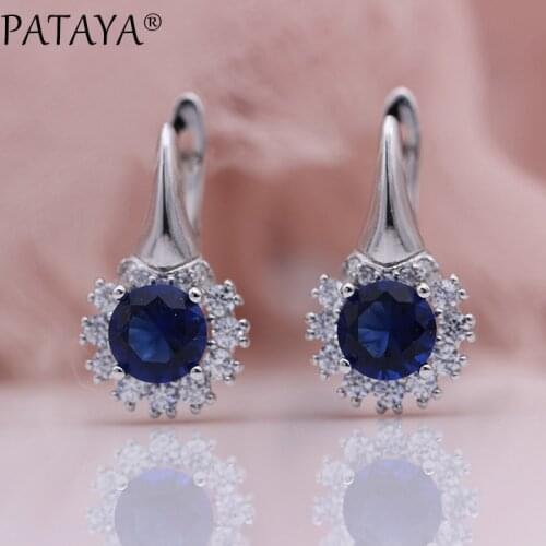 PATAYA New Dark Blue Earrings Wedding Party White Gold Women Fine Flower Fashion Jewelry Round Natural Zircon Dangle Earrings