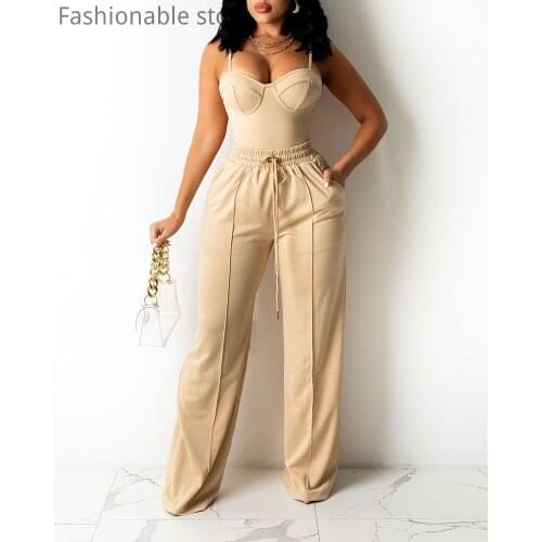 Women Solid Color Zipper Back Cami Top & Drawstring Pants Set