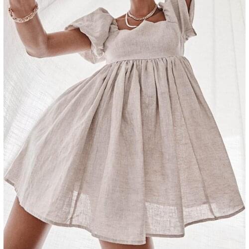 Summer Women Square Collar Vintage Khaki Dresses Puff Sleeve Loose Women Pleated High Waist A-line Short Length Dress