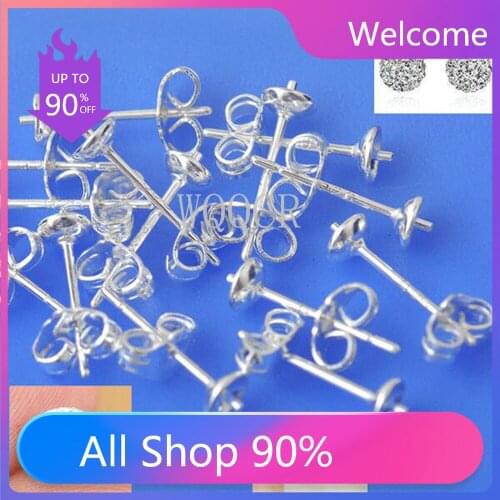 200/Lot 925 Silver Engraved LOGO Blank Post Stud Base Pins With Earring Plug Supplies For Jewelry Making DIY Earrings Findings