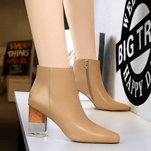 High heels boots ankle boots women shoes winter fashion nightclubs transparent crystal square heads clear heel Riding Equestrian