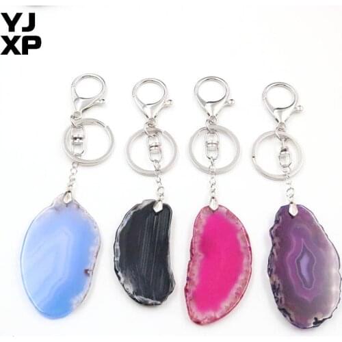 YJXP Natural Irregular Colorful Agates Polished Geode Slices Keyrings Unique Pendant Keychains Car Bag Hanging Key Ring Jewelry