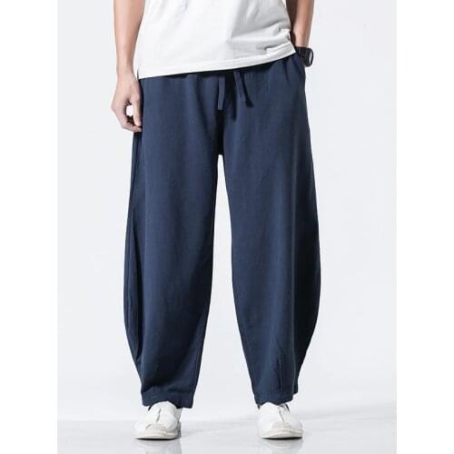 Brand Mens Long Pants Casual Loose Solid Cotton Linen Pants Wide Leg Trouser High Quality Vintages Pants Plus Size M-6XL 7XL