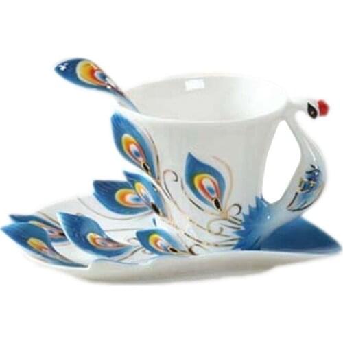 Home Drinkware Chinese Style Creative Tea Cup Set Enamel Porcelain Peacock Coffee Cup Saucer Set Elegant Ceramic Cup