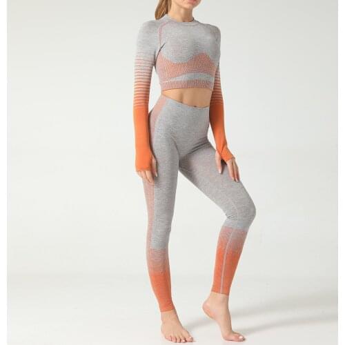 Breathable Women Sport Suit Gym Workout Clothes Long Sleeve Fitness Crop Top + High Waist Seamless Leggings Solid Yoga Set