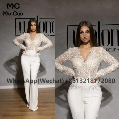 Elegant Jumpsuit Long Sleeve Prom Dresses 2021 Feather Lace Pant Suit Illusion Party Dresses Women Evening Prom Dress Customized