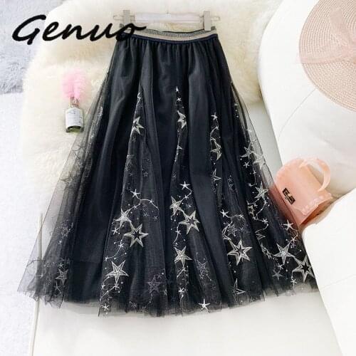 Genuo New Quality Embroidery Star Decoration Lace Mesh Skirt 2019 Summer Elegant Pleated Skirt Women High Waist Tulle Midi Skirt