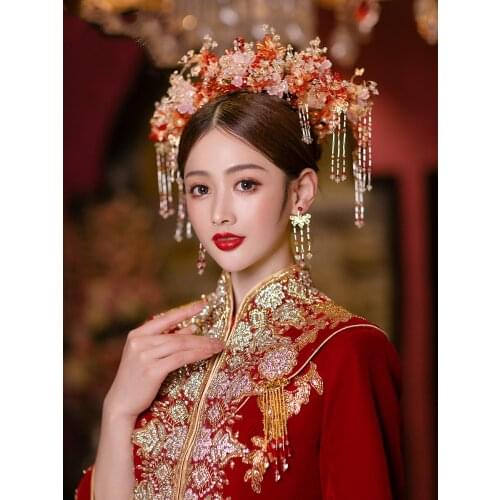 HIMSTORY Chinese Traditional Bride Hair Jewelry Headdress Ornaments for Women Flower with Earring Wedding Accessories