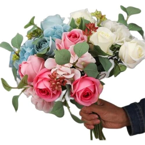 ONE Fake Rose & Hydrangea Bridal Bouquet 11" Length Simulation Rosa Plastic Fruit for Wedding Centerpiece 4 Colors Available