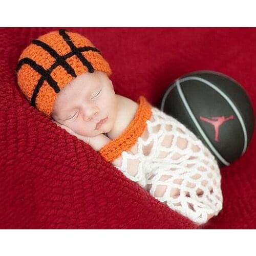 Crochet Knit Newborn Basketball Set for Little Boy Girl Photography Prop Infant Halloween Costume Basket Cocoon with Hat