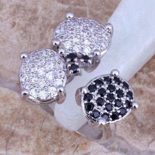Prominent Black Cubic Zirconia White CZ Silver Plated Ring Size 6 / 7 / 8 / 9 E258