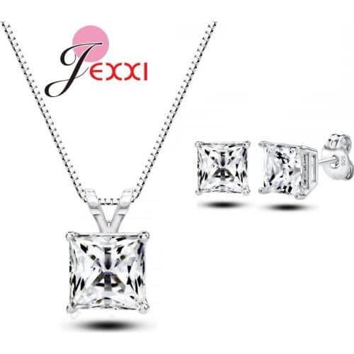 Wedding Fine Jewelry Sets Real Pure 925 Sterling Silver Cubic Zircon CZ Pendant Necklaces Earring Engagement Set