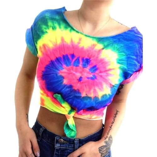 Womens Short Top T-shirt Streetwear Summer Fashion Sexy Rainbow Tie Dye Short Sleeve T-shirt Sexy Hippie Tie-dye Rave Outfit