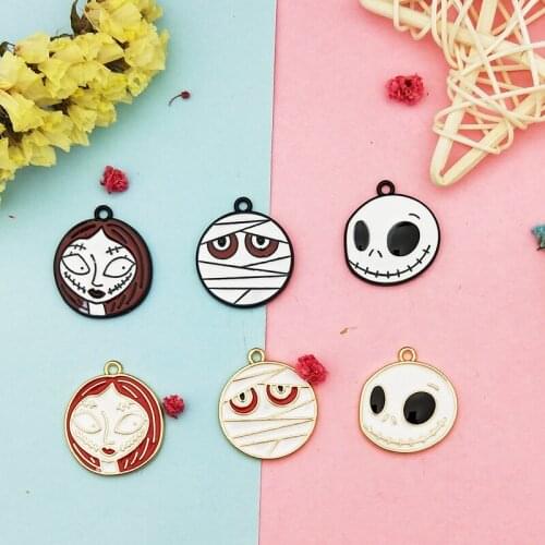 10pcs Halloween Series Round Alloy Pendants Charm Girl Skull Mummy Enamel Charm Earring Bracelets DIY Jewelry Accessory Decor