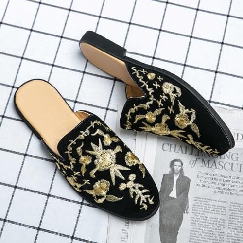 Embroidery New Brand Summer Men Shoes Black Men Half Slippers High Quality Leather Casual Shoes Loafers Flip Flops Flats Sandals